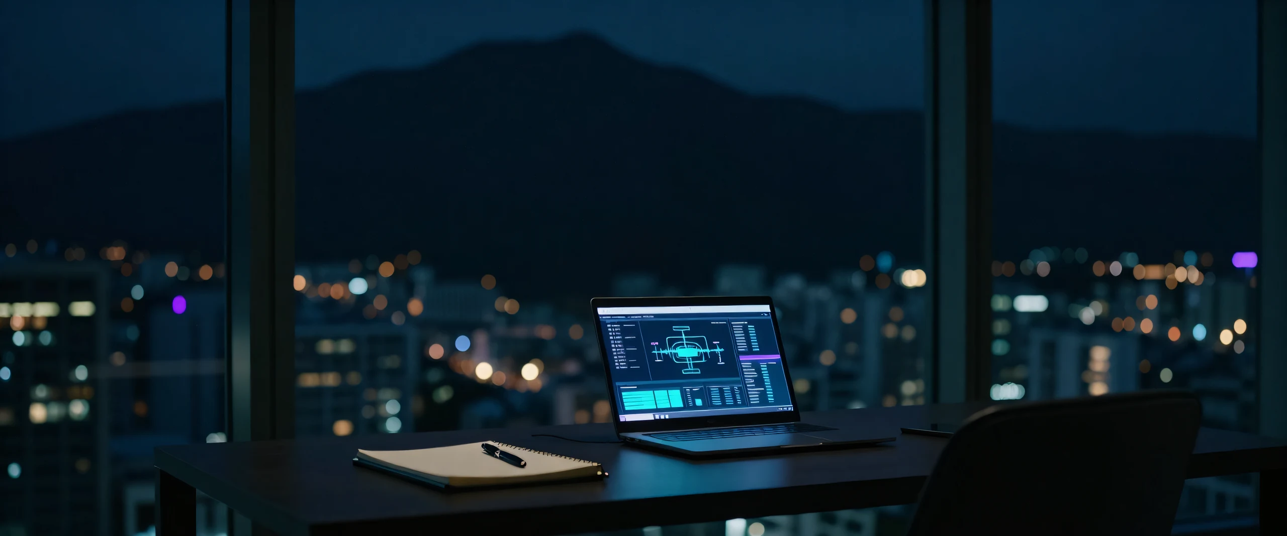 A laptop showing an infrastructure dashboard on a desk above the city at night