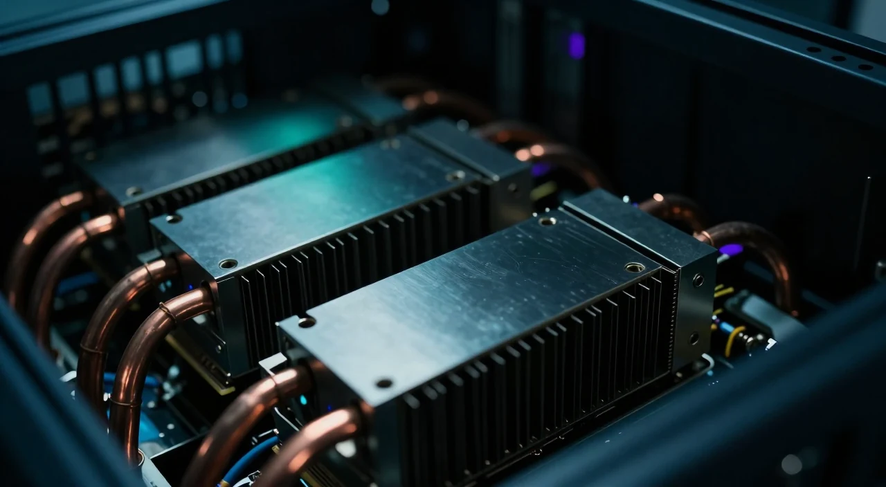 Accelerator cards and copper heat pipes inside a GPU server, lit teal