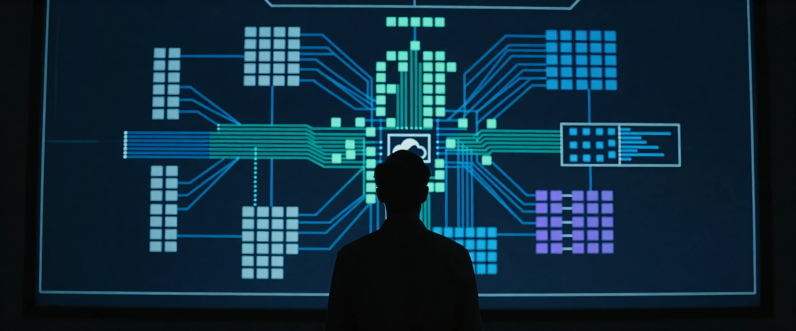 An architect in silhouette before a wall-sized network topology of clustered nodes