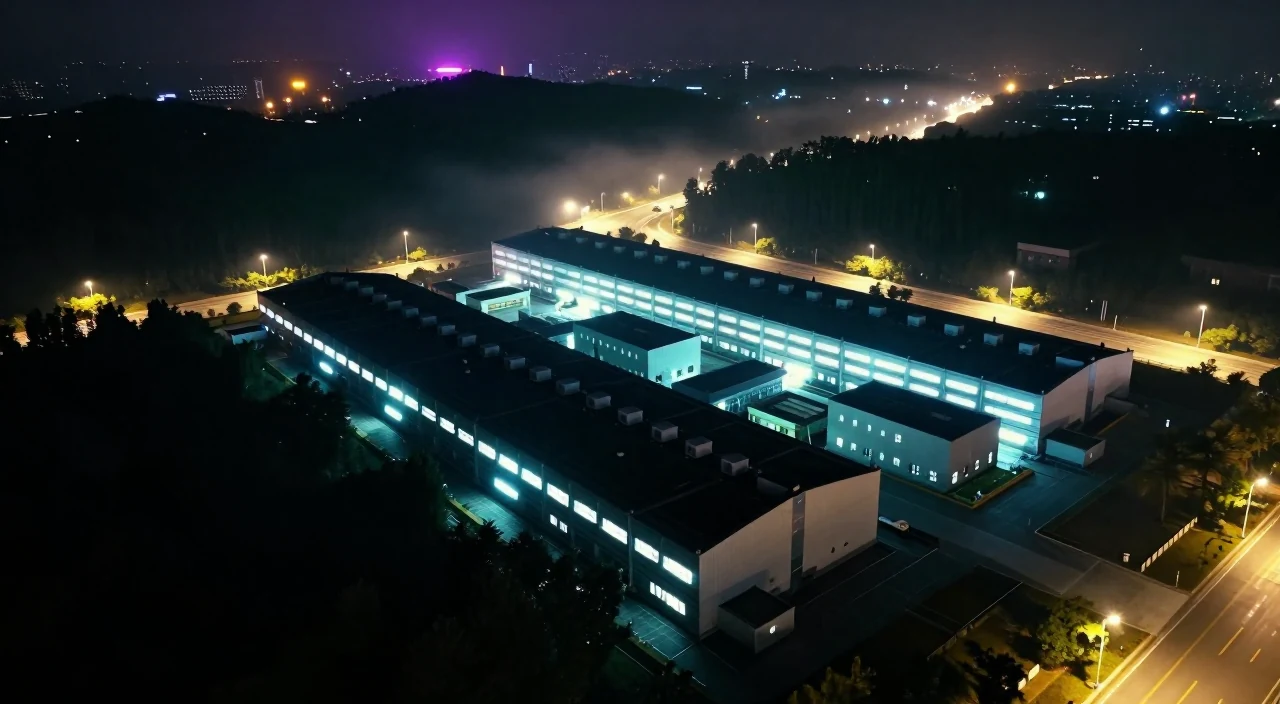 A data centre campus at night seen from the air, its windows glowing cyan through light fog
