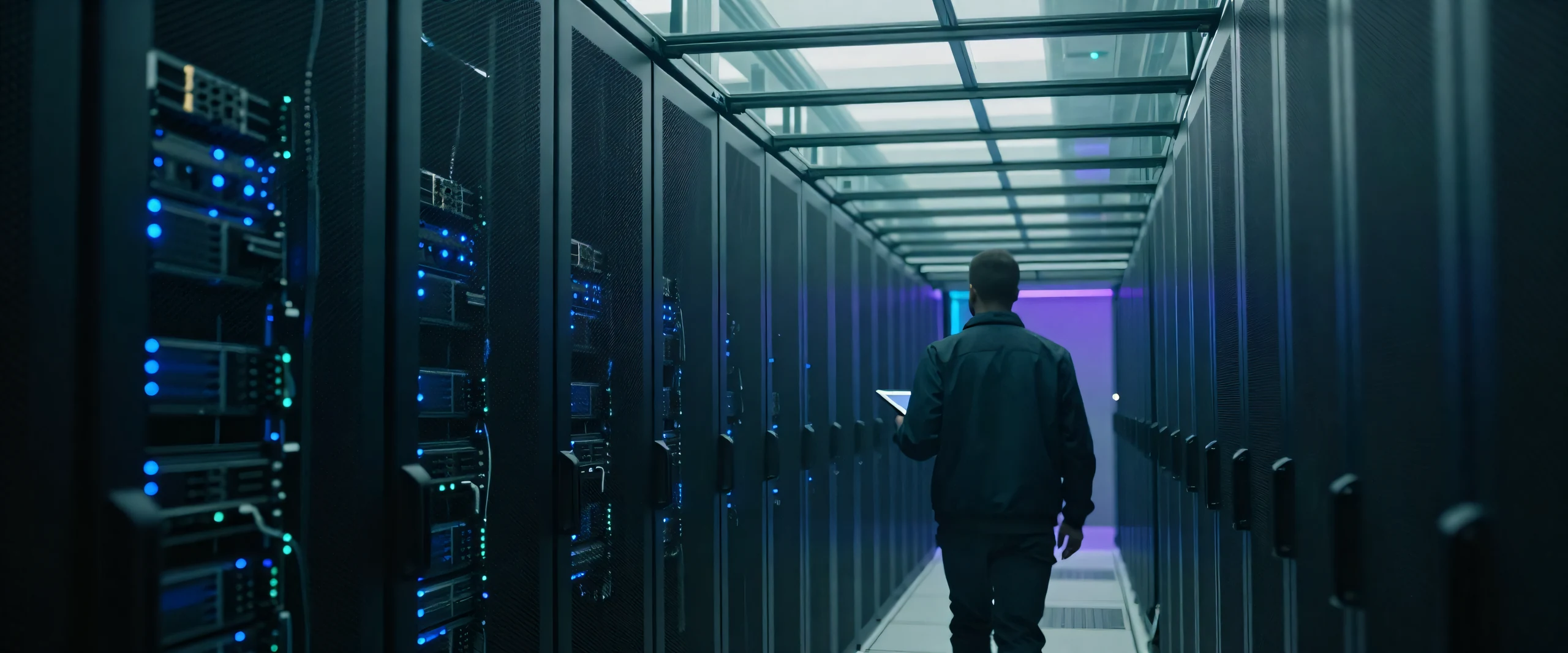 An engineer with a tablet walking down a contained server aisle