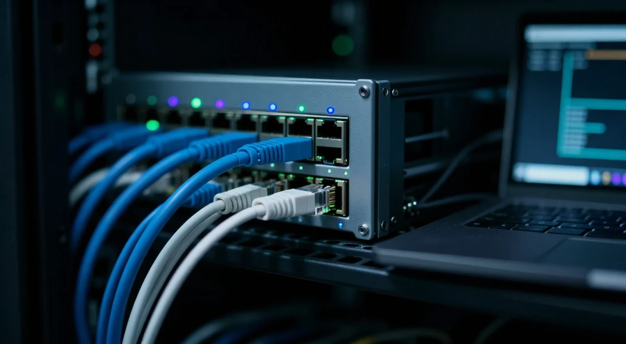 Patched network cables in a rack switch, beside a laptop open on the rack shelf