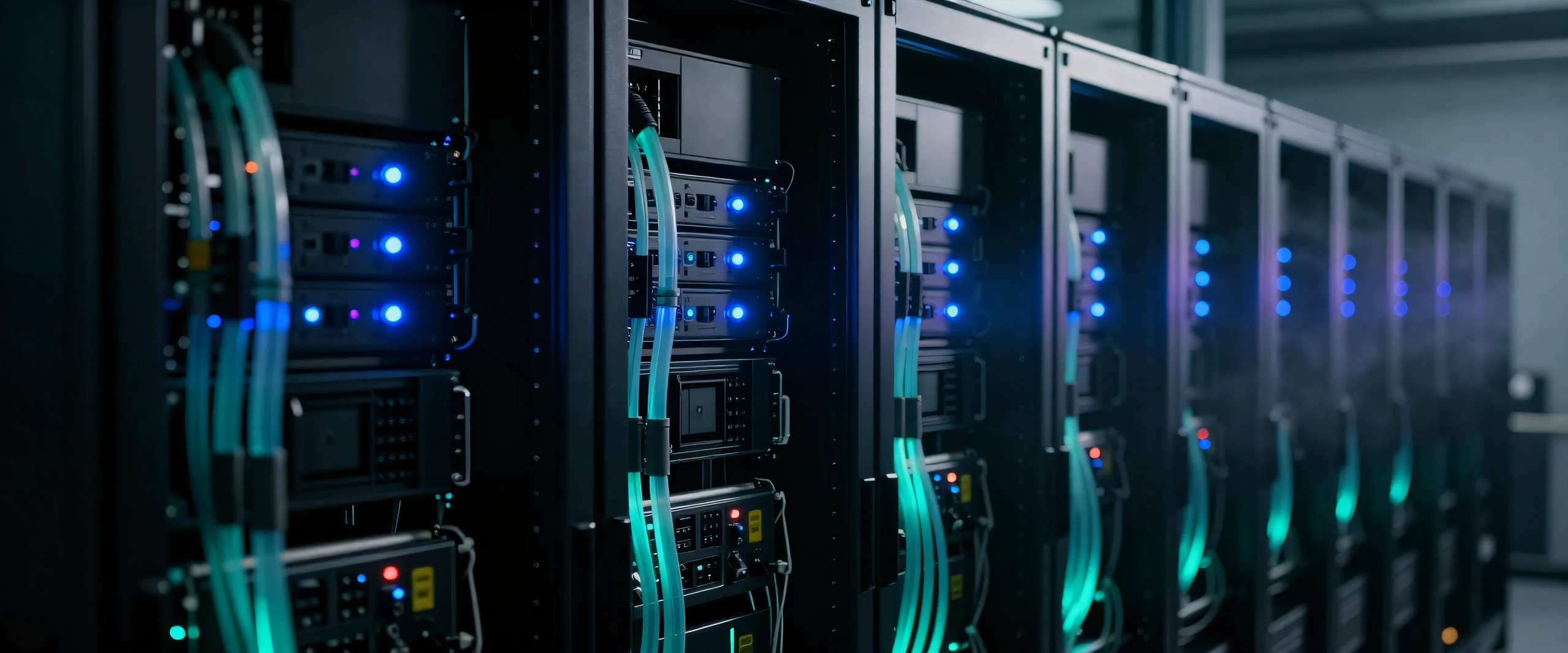 Liquid-cooled AI compute racks with coolant lines glowing teal
