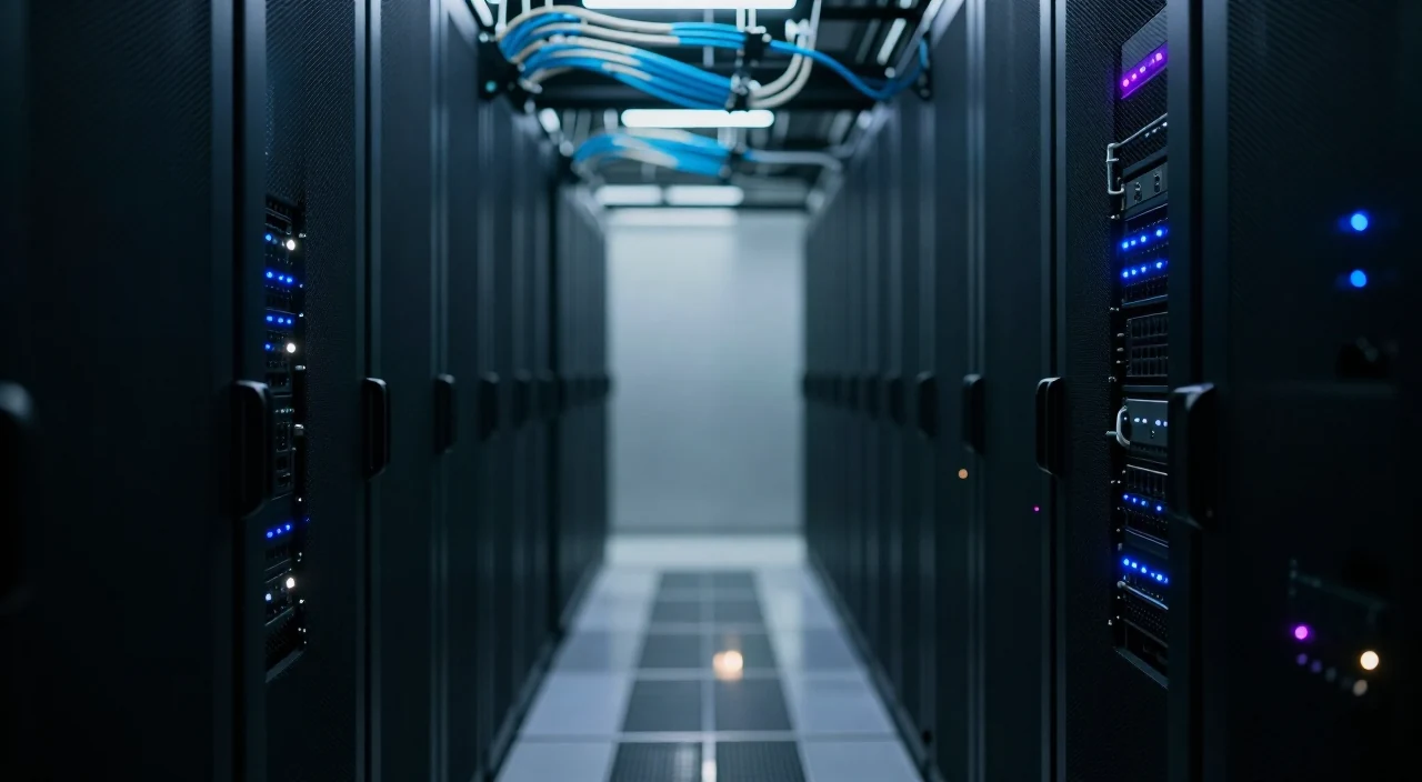 A data centre aisle between black server racks lit by rows of blue status lights