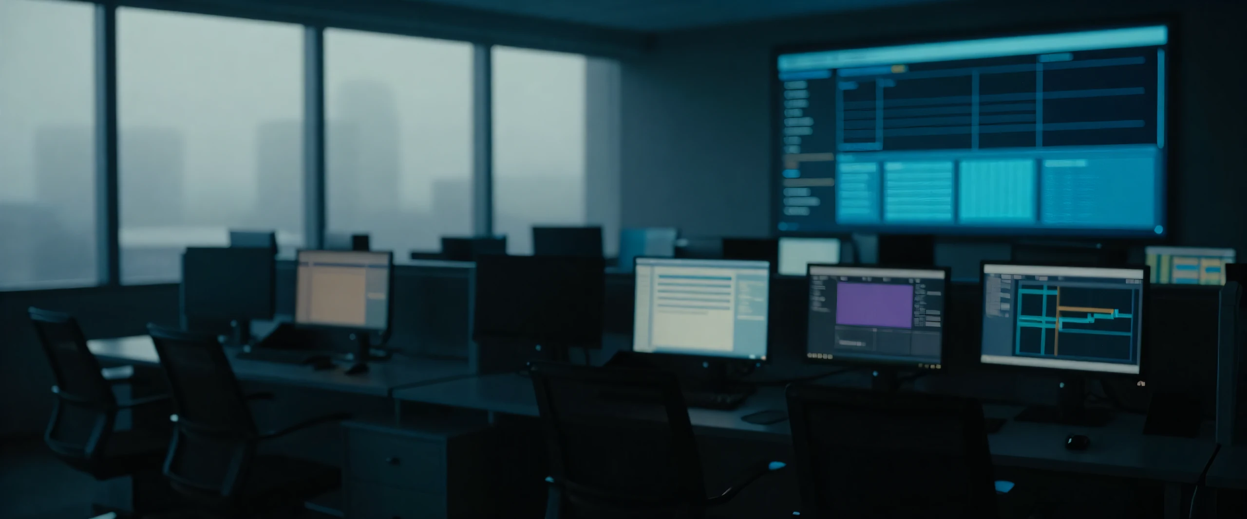 An empty network operations centre at dawn, one wall screen showing status graphs