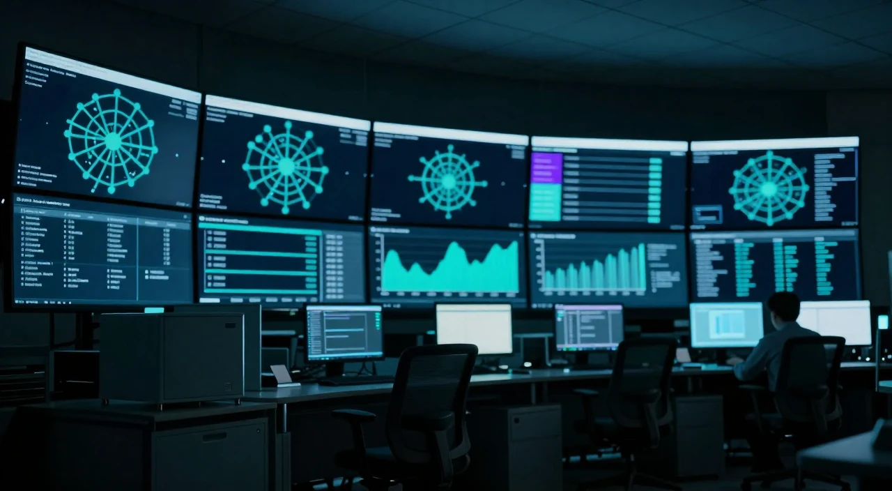 A security operations centre, its wall of screens showing network maps and traffic charts above the desks