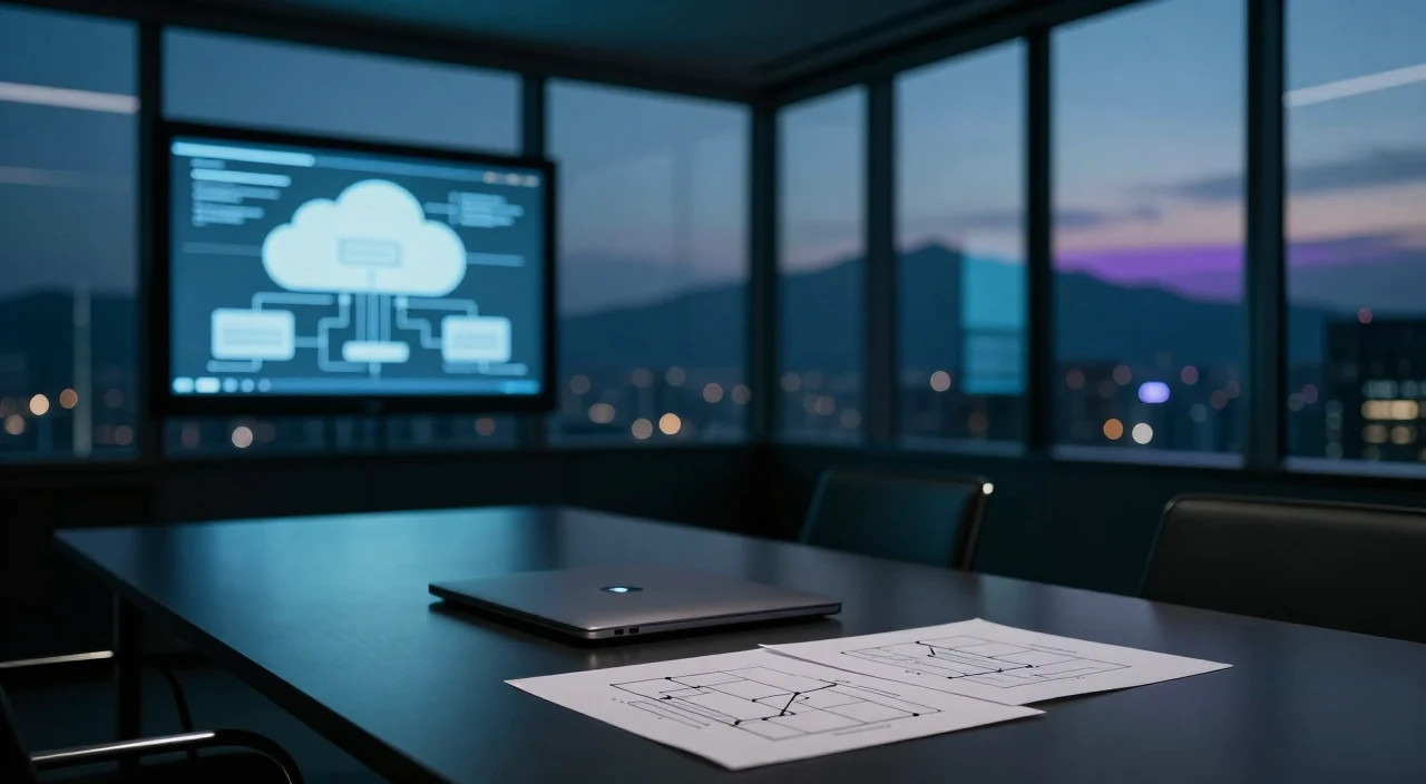 A boardroom at dusk above the city, an architecture diagram on the wall screen